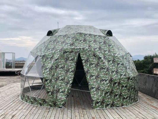 カムフラージュの屋外のホテルの鋼鉄5M測地線ドームのテントの紫外線抵抗のドームのキャンプ テント